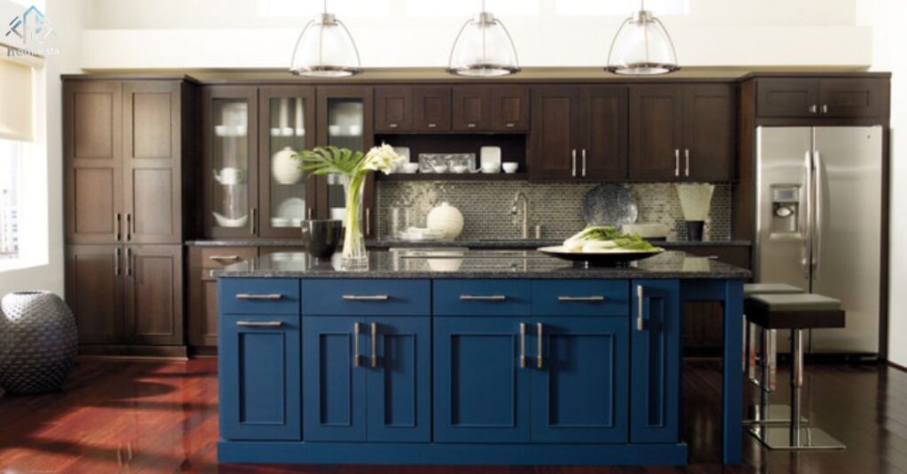 Dark blue cabinets with dark cherry countertops,
