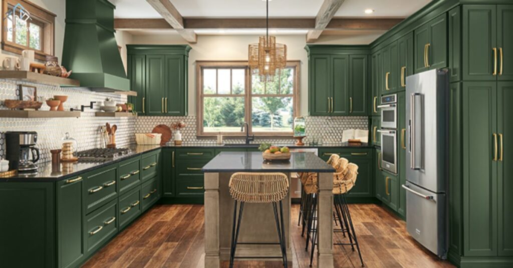 Dark green cabinets with bright brown wood flooring